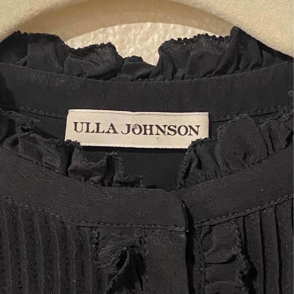 ULLA JOHNSON Najda Silk Blouse Pintuck Ruffle Pleated Bell Sleeve Top Raven 2 - Picture 7 of 9